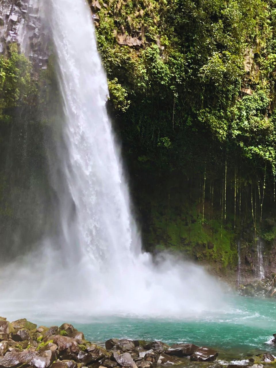 The roaring waterfall in La Fortuna with it's blue-green waters that look almost neon and lush rainforest. Taken during a day tour which is easily one of the best things to do in La Fortuna!