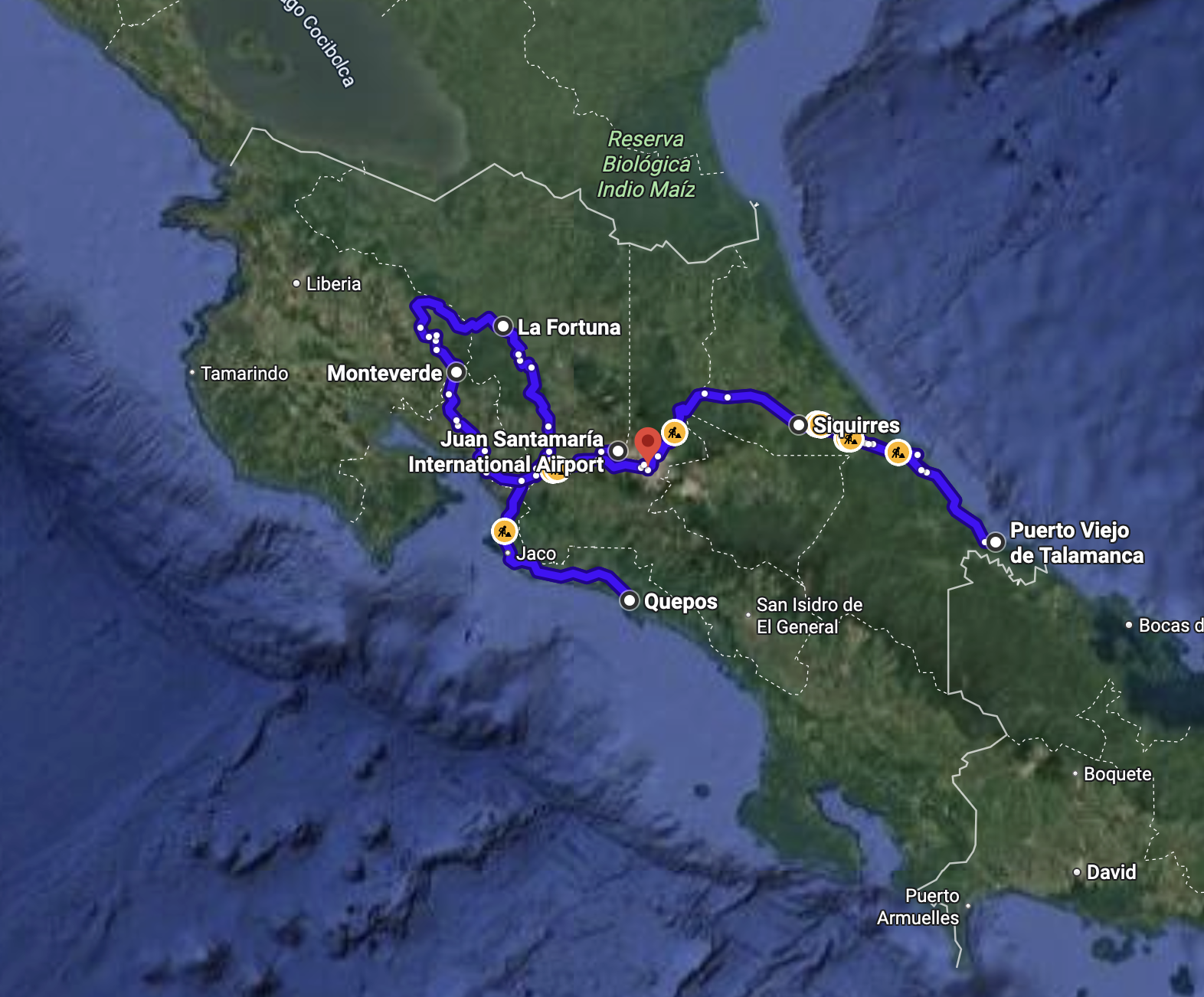 A map showing our 30 day Costa Rica road trip from SJO aiport in San José, Costa Rica, on to Quepos and Manuel Antonio, back up to La Fortuna, over to Monteverde, back down through San José to get to Siquirres, down to Puerto Viejo de Talamanca, and then all the way back up to San José to finish. The route looks like a blue line going at a diagonal from the bottom right of Costa Rica to the upper left and it appears fairly short and one-way, however due to repeating routes and switching back, it is actually longer than it appears!