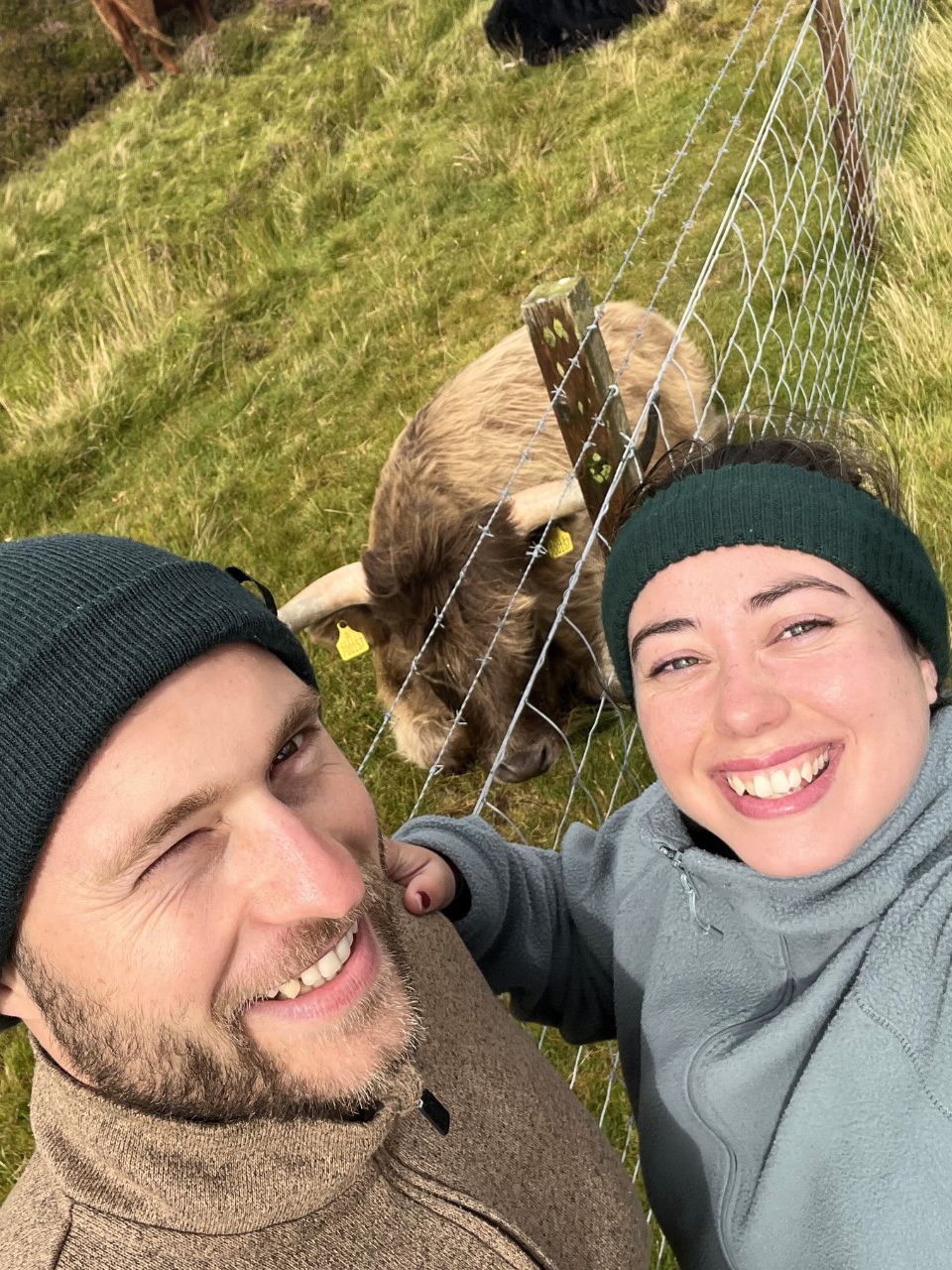 Matze and I smiling in front of a fence where a highland cow lays down inside. The cow is tan and brown and fluffy and has big white horns.